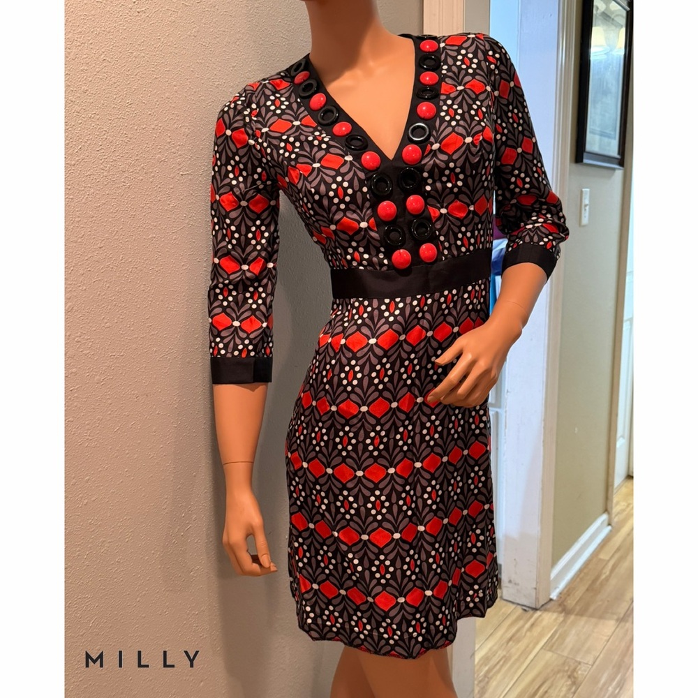 MILLY Black and Red Geometric Button Embellished 3/4 Sleeve Dress